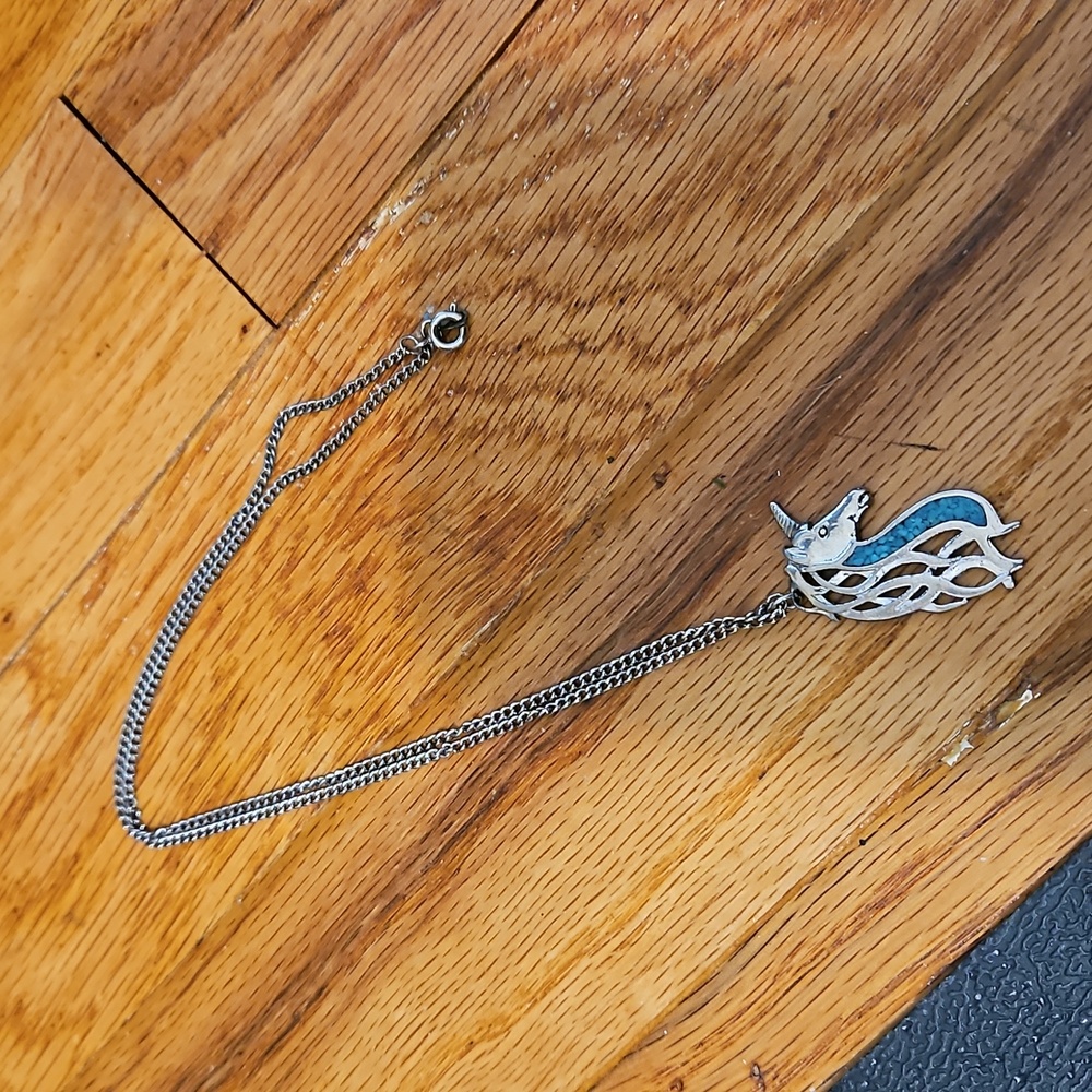 Vintage Silver and Turquoise Unicorn Pendant Necklace - Picture 2 of 4